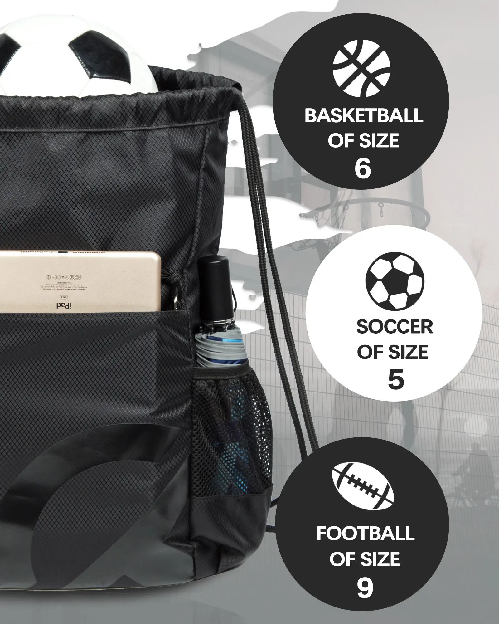 Drawstring Backpack Sports Gym Bag for Women Men Large 16"x18" with 2 Zipper Pockets & Water Bottle Mesh Pockets for Gym Yoga Travel High Density Oxford Material Machine Washable Trainer Bag