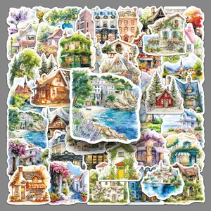 50pcs Small Town Scenery Cartoon Retro House Stickers, Suitable for Scrapbooks, Diaries, Laptops, Water Bottles, Cars, Etc. A Gift with A Positive Message and Based on Beliefs.