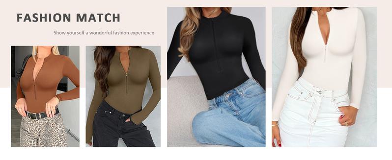 FeelinGirl Long Sleeve Bodysuit for Women Mock Turtle Neck Body Suits Zip Up Design Black Tummy Control Bodysuit Shirts Womenswear Collar Elegant Nylon Comfort