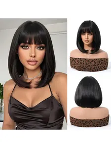 14-Inch Short Synthetic Wig with Bangs, Glue-Free Straight Hair, Realistic Scalp, Suitable for Women, Daily Wear or Cosplay