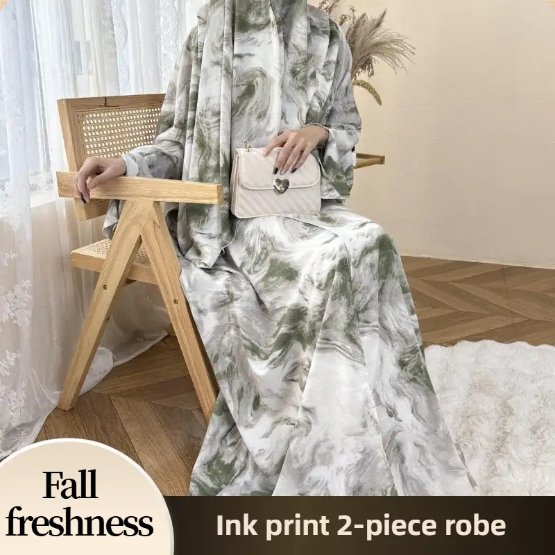 【FallFreshness】CL68 Ink Printed Holiday Style Robe Cardigan With Hijab Set, New Summer Dress, Artistic Bat Sleeve Fashion Design, Party Holiday Outing