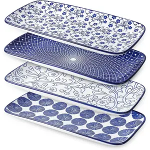 Ceramic Serving Platters, 14 Inch Serving Trays for Party Entertaining, Large Rectangular Serving Plates for Appetizer, Charcuterie, Dessert, Fruit, Set of 4,  Blue