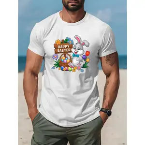 Men's Easter Bunny & Egg Print Short Sleeve T-Shirt, Happy Easter Bunnies & Chicks Design with Bunny Ears, Breathable Lightweight Crew Neck, Casual Summer Beach Spring Festival Party Outfit A312