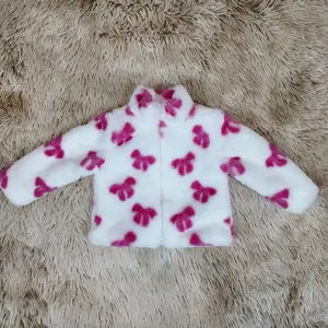 Long sleeves pink bow double-ended zipper fur jacket kids girls fall winter coat