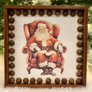 Vintage Santa Framed Sign with Wooden Bead Border for Festive Home Decor