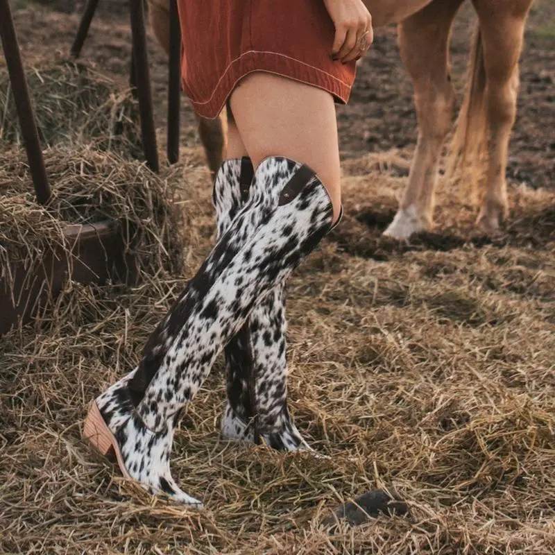 2025 new leopard print imitation horsehair knight boots western cowboy boots