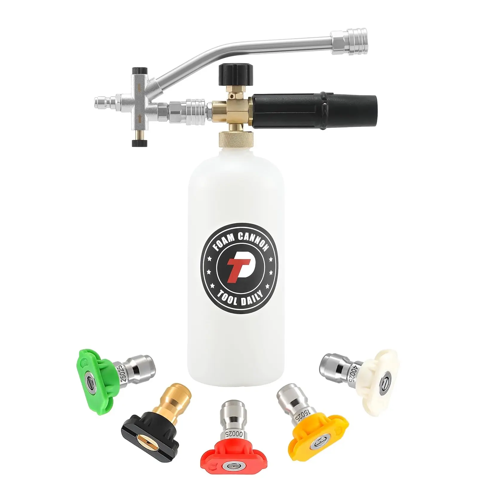 Tool Daily Snow Foam Lance Car Washing Supplies - Foam Soap Lance, Sprayer Alternative, 1/4 in Quick Connector, Dual Connector Accessory, 5 Pressure Washer Nozzle Tips, 1L Capacity for Cars, Driveways, Siding, Motorcycles