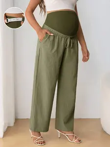 MOMSY Maternity Casual Adjustable Drawstring Waist Bow Decor Pregnancy Support Straight Leg High Waist Pants