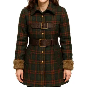 Women’s Green Plaid Wool Coat with Leather Buckle Belts and Fur Cuff Accents