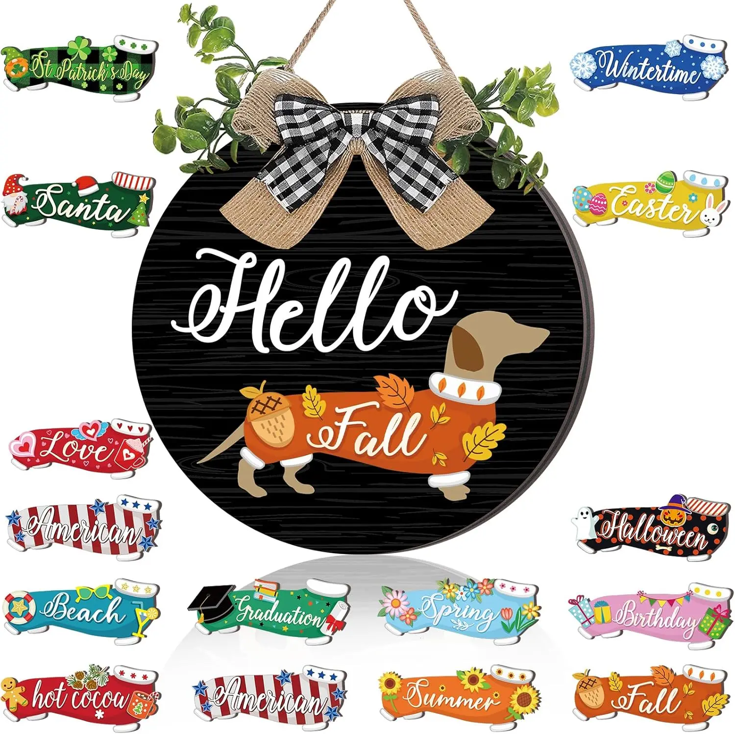 16 Pcs Interchangeable Dog Wooden Door Hanger Ornaments Rustic Dachshund Seasonal Home Sign Replaceable Hanging Vertical Welcome Sign Front Door Porch Decor for Wall Outdoor Xmas Fall Decor (Black)