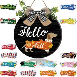 16 Pcs Interchangeable Dog Wooden Door Hanger Ornaments Rustic Dachshund Seasonal Home Sign Replaceable Hanging Vertical Welcome Sign Front Door Porch Decor for Wall Outdoor Xmas Fall Decor (Black)