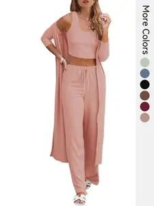 2026 Three-Piece Set Women's Solid Lounge Robe & Cami Top & Elastic Waist Pants with drawing, Pyjama Set, Casual Comfy Three-piece Sleepwear Set for Women, Long Sleeve Open Front Outwear, Ladies Sleepwear for All Seasons Pajamas, Medium-Weight Fabric