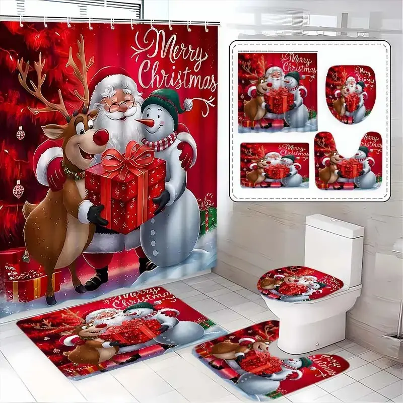 1/4pc Christmas-themed shower curtain set, Bathroom accessory, with Santa Claus and snowman design, includes non-slip mat, U-shaped rug, toilet seat cover, perfect for bathroom décor, comes with 12 shower curtain hooks