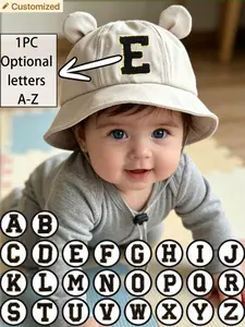 1pc Toddler's A-Z Letter Beige Bear Ear Letter Bucket Hat, Cute Anti-Lost Strap Cap, Multi-Scene Sun Hat For Spring & Autumn Outings/Home Photos/Parent-Child Strolls/Baby Outfits, Sun Hats For Toddlers, Toddler Sunhat
