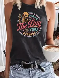 Women's Slogan Print Round Neck Tank Top, Casual Sleeveless Crew Neck Top for Summer, Ladies Clothes for Daily Wear, Socks