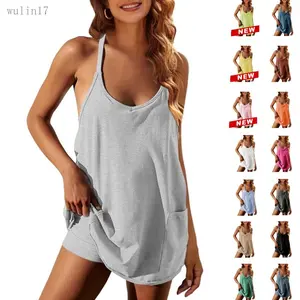 2026 Women's Womens Athletic Sleeveless Mini Dress with Built-in Shorts V Neck Spaghetti Strap Short Tennis Dress with Pockets