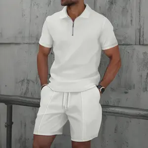 Mens Outfit Zip-Up Polo Casual Waffle Zip Polo Shirt and Shorts Set Mens Summer Waffle Texture Zip-Up Polo Shirt and Shorts Set Casual Loose Fit Outdoor Sportswear Comfortable Daily Wear Set with Elastic Waist