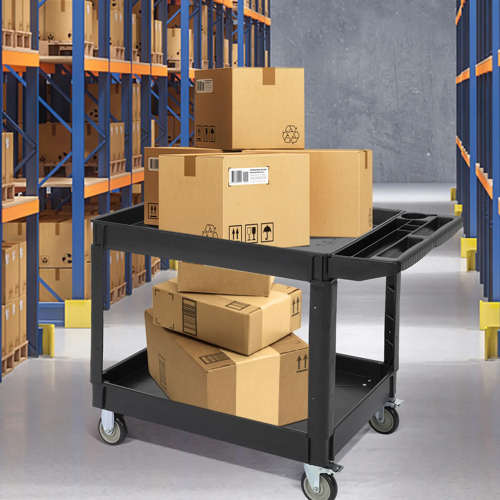 Heavy Duty 2-Shelf Utility Service Cart, 500 LBS Weight Capacity 45" x 25" Rolling Cart with Push Handle & 360° Swivel Wheels, Multi-Purpose for Warehouse, Garage, Commercial Cleaning & Manufacturing