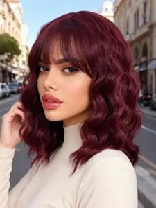 Red Bob Wig For Women Heat Resistant Synthetic Shoulder Length Loose Wavy Wig With Bangs Curly Bob Wigs Medium Length 14inch Curly Hair Wigs Synthetic Machine Wigs (Red Color)