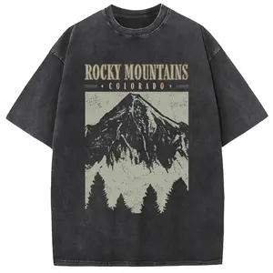 Holafish Oversize Acid Wash Vintage Mountain pattern T-Shirt Heavyweight Cotton Streetwear graphic vintage tees Menswear Crewneck Tshirt