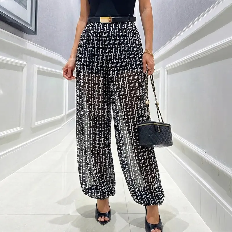 CHICME Women's Vintage Chain Print Sheer Chiffon Pants High-Waisted Loose Lantern Lightweight Breathable Lounge Pants with Pockets