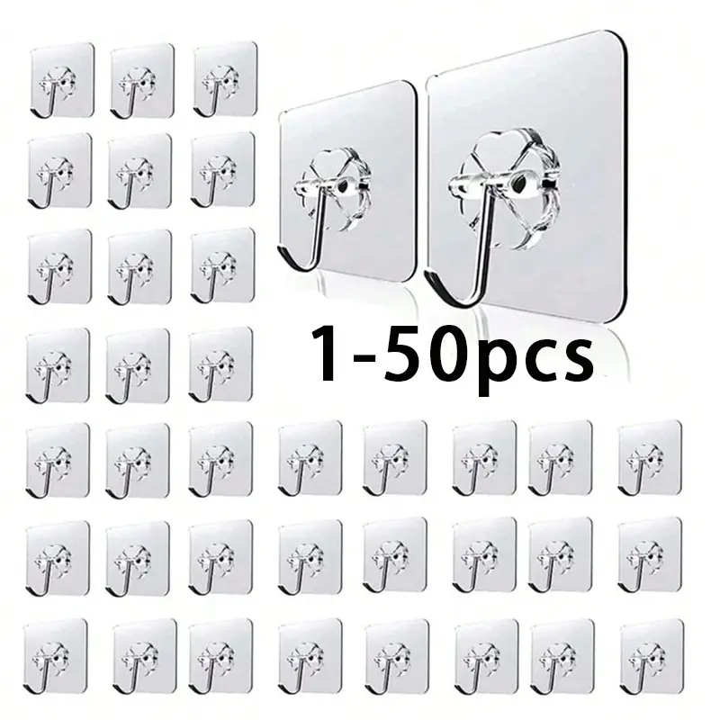 Strong Adhesive Hooks, No-Drill Wall Mounts, Multi-Purpose Storage Rack, Removable, Transparent, Waterproof, Rustproof, Ideal for Home Kitchen Bathroom Living Room, Towel Hooks for Wall, Bathroom Hooks for Towels