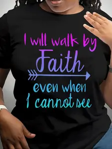 [100% Cotton] Women's "I WILL WALK BY MY FAITH" Letter Print Round Neck Tee, Vintage Trendy Casual Short Sleeve T-shirt for Daily Wear, Ladies Summer Outfit  Golf Gift T-Shirt For Men and Women