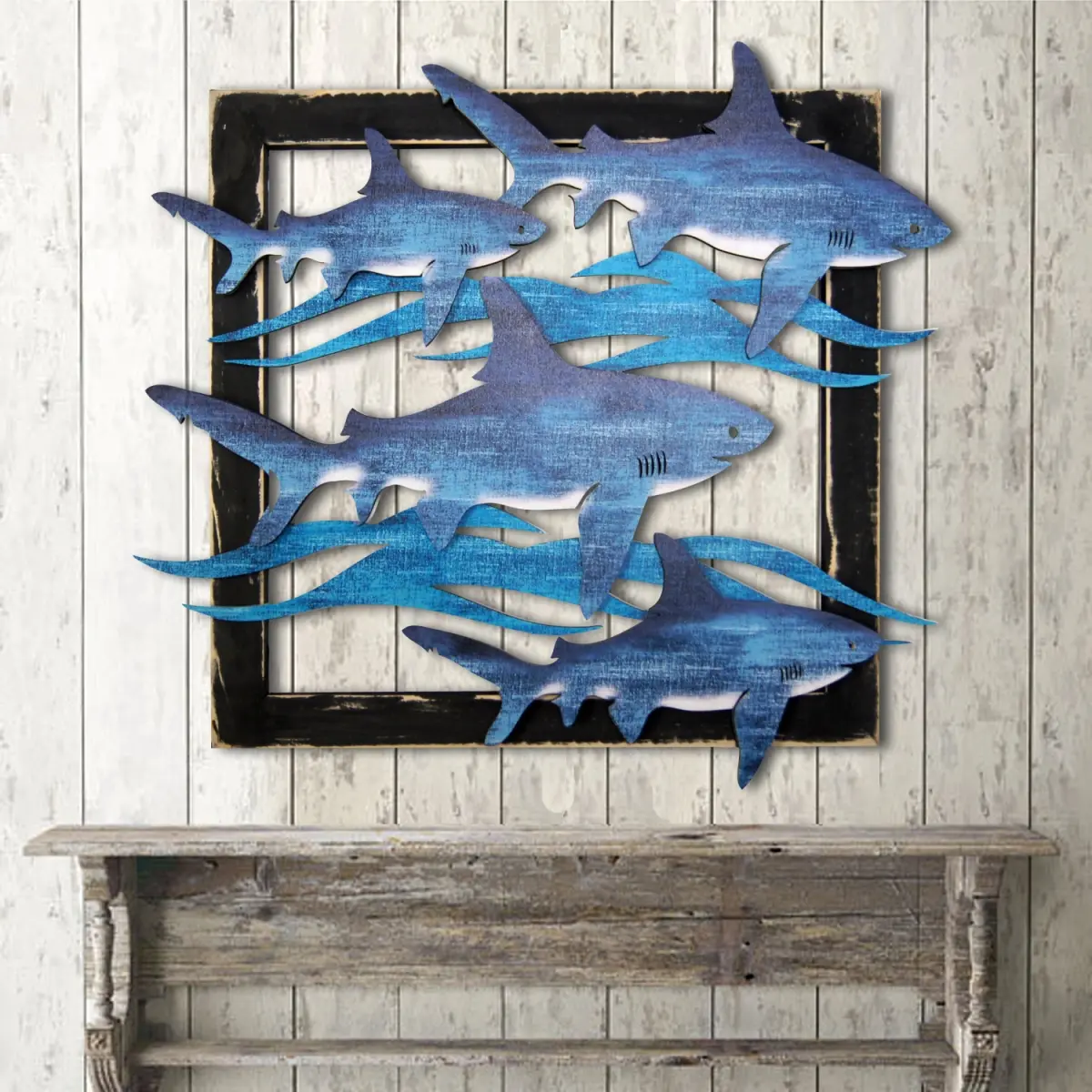 Designocracy G98515S4-18 Framed Wooden Shark-Themed Art, Home Decor Room Accessories, Posters & Prints Home Supplies
