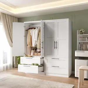 YJ-Garvee Wooden Armoire Wardrobe Closet with 2 Drawers, Freestanding Wardrobe Clothing Storage Cabinet with Door and Shelves, Wood Clothing Storage Cabinets for Bedroom, Laundry Room, Cloak Room, White