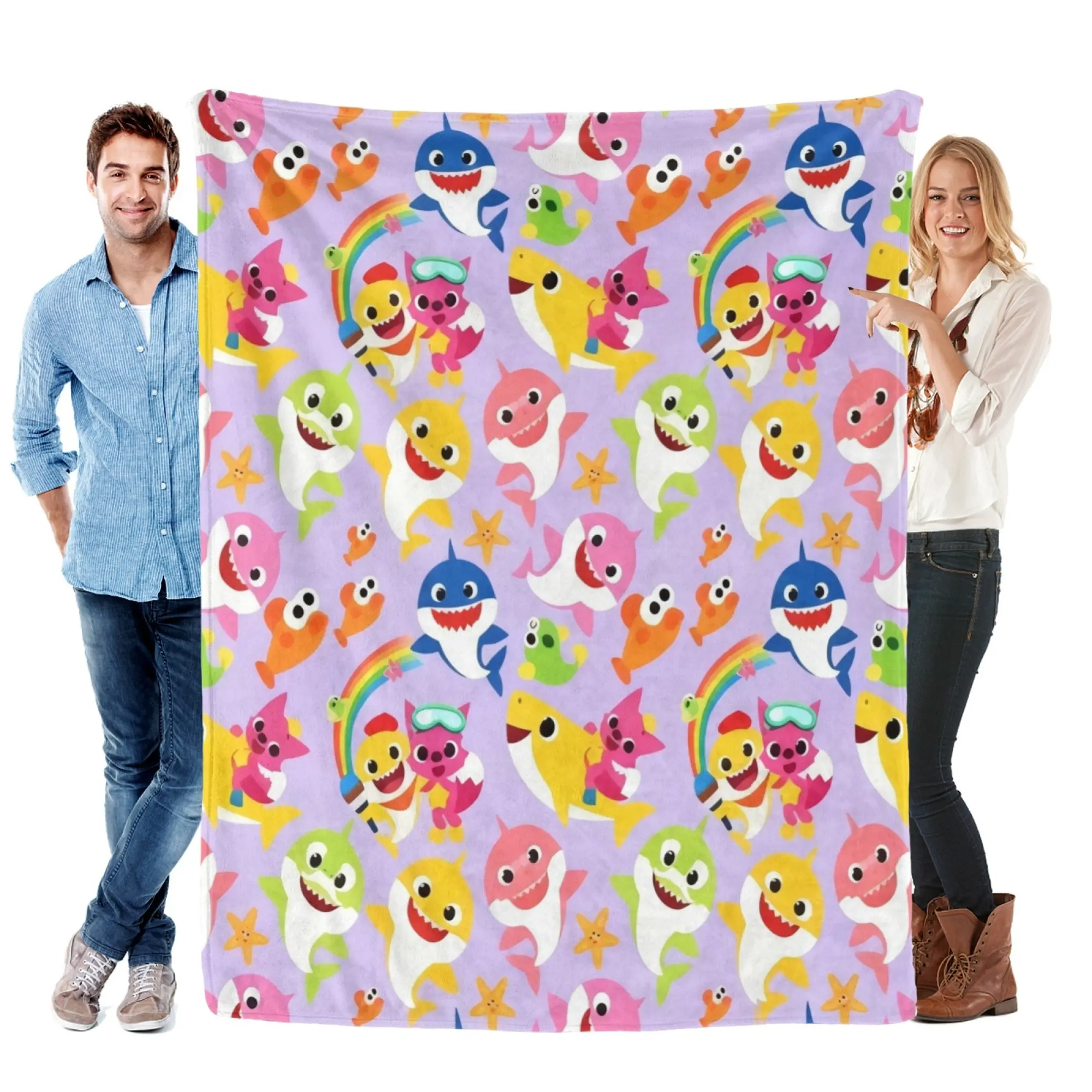 Lightweight Anti-Pilling Flannel Kids Throw Blanket Pastel Light Purple Baby Shark Family Rainbow Starfish Ocean Animal Cartoon Printed Warm Fleece Blanket Multiple Sizes For Toddler Bedroom Fan Gifts