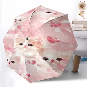 Kitten Heart Pink Printed New Universal Umbrella, Automatic Folding Umbrella, Portable Foldable Design Travel Umbrella, Outdoor Umbrella, Black Friday, Christmas, Birthday Gift C483
