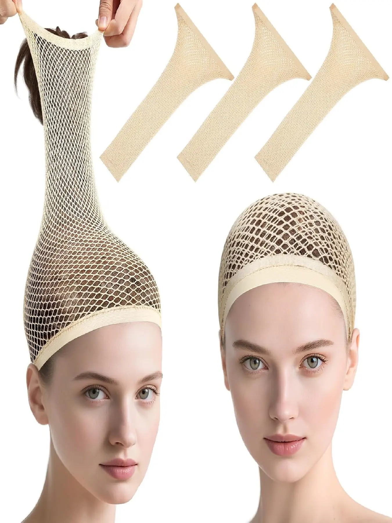 3 Pcs Beige Wig Caps for Long Hair, Nylon Hair Nets for Women, Mesh Wig Cap for for Women Non Slip, Accessory for Party Cosplay, Wig Grip Cap
