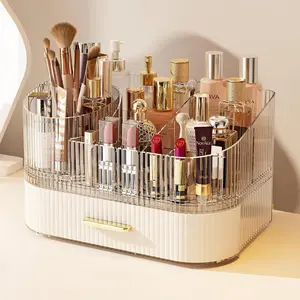 Makeup Organizer with 360? Rotating Brush Holder and Stackable Drawers,  Display Case for , Bathroom Countertop (White, 2 Layer)