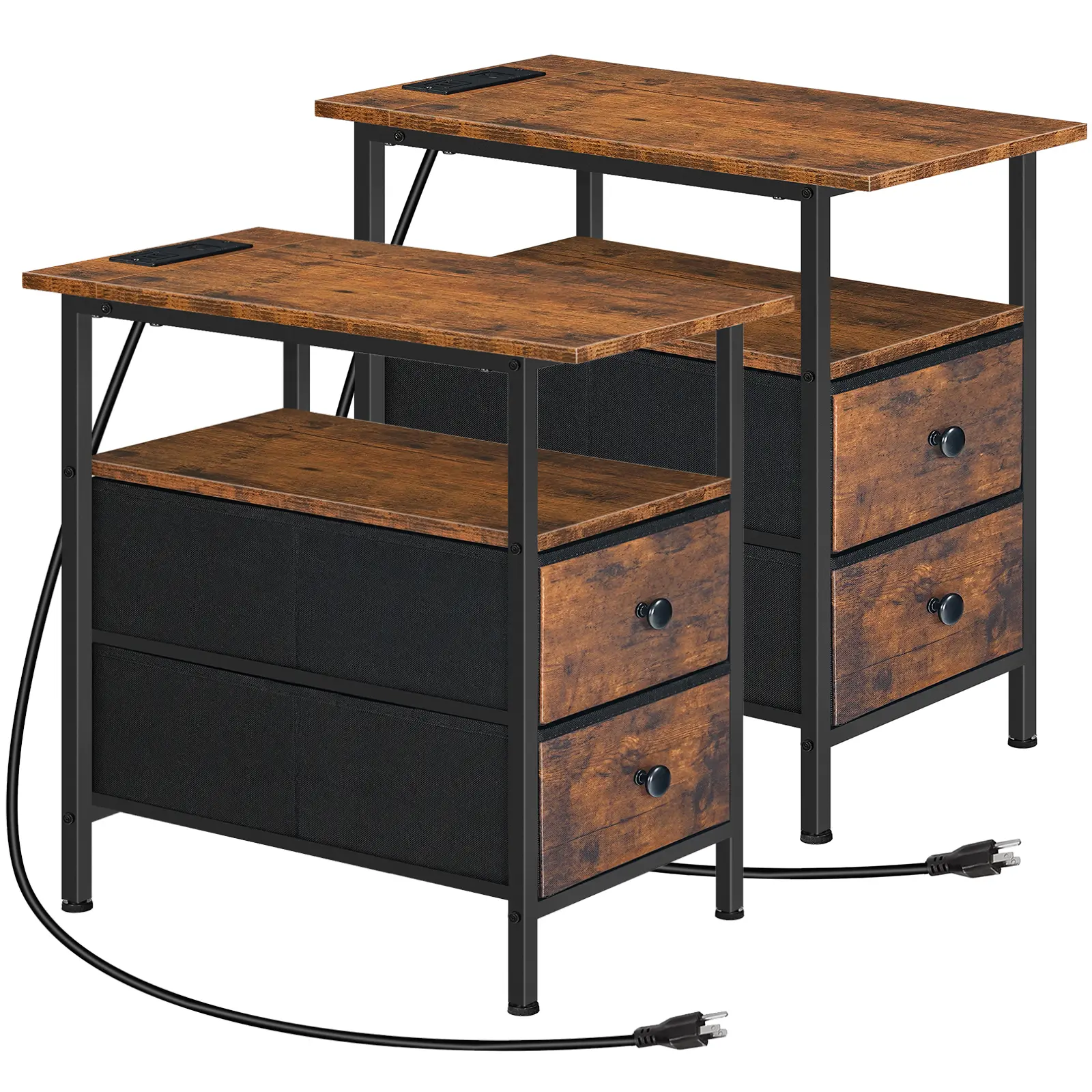 HOOBRO End Table, Set of 2 Narrow Side Tables with Charging Station, Nightstand with 2 Non-Woven Drawers, Slim Sofa Table, Rustic Brown and Black#springtok #SummerVibes