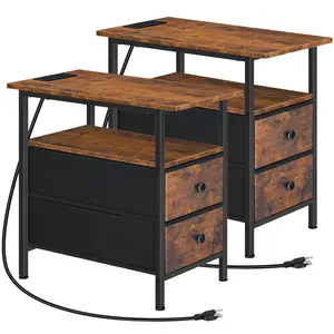 HOOBRO End Table, Set of 2 Narrow Side Tables with Charging Station, Nightstand with 2 Non-Woven Drawers, Slim Sofa Table, Rustic Brown and Black#springtok#SpringSale #BigSpringSale