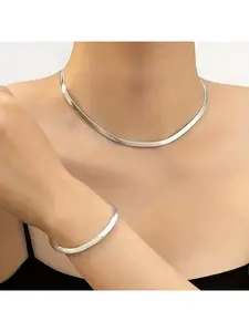 2 Piece Women Silver Bracelet and Necklace Set Minimalist Fashion Jewelry for Daily Wear Versatile Matching Accessories Trendy Elegant Design Lightweight Comfortable Fit