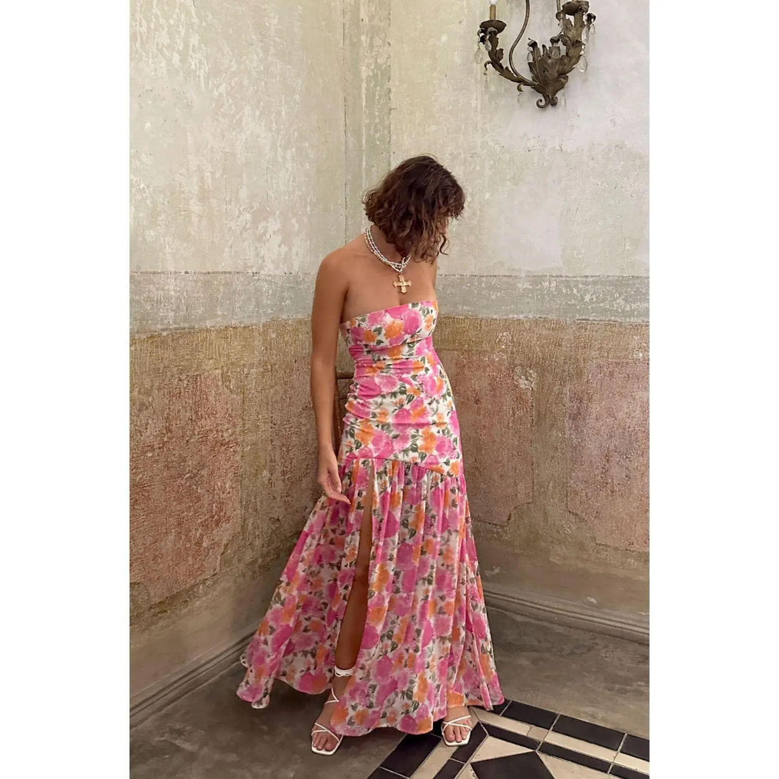 green emerald velvet dress Astr The Label Women's Estefany Floral-print Strapless Maxi Dress - Pink Floral main image 1