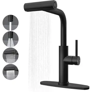 Black Kitchen Faucets with Pull Down Sprayer,High Arc Waterfall Kitchen Faucet, 4 in 1 Stainless Steel Single Lever Handle Kitchen Faucets with 4 Modes, Commercial Utility Kitchen Sink Faucet