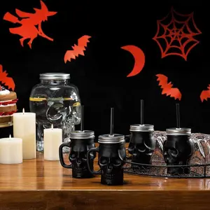 Set of 4 Matte Black Glass Skull-Shaped Drink Cups