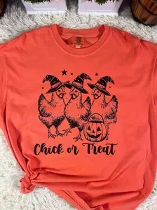 Chickens Chick or Treat T-Shirt - Fun Halloween Design on Comfort Colors Fabric in Bright Salmon Color -