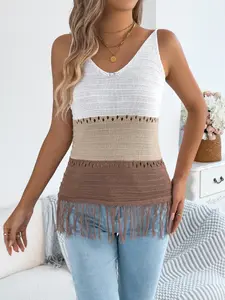 Spring Summer Casual Elegant V-Neck Striped Hollow Out Fringe Vest Top for Women, Stylish Ladies' Upperwear, Perfect for Everyday Wear