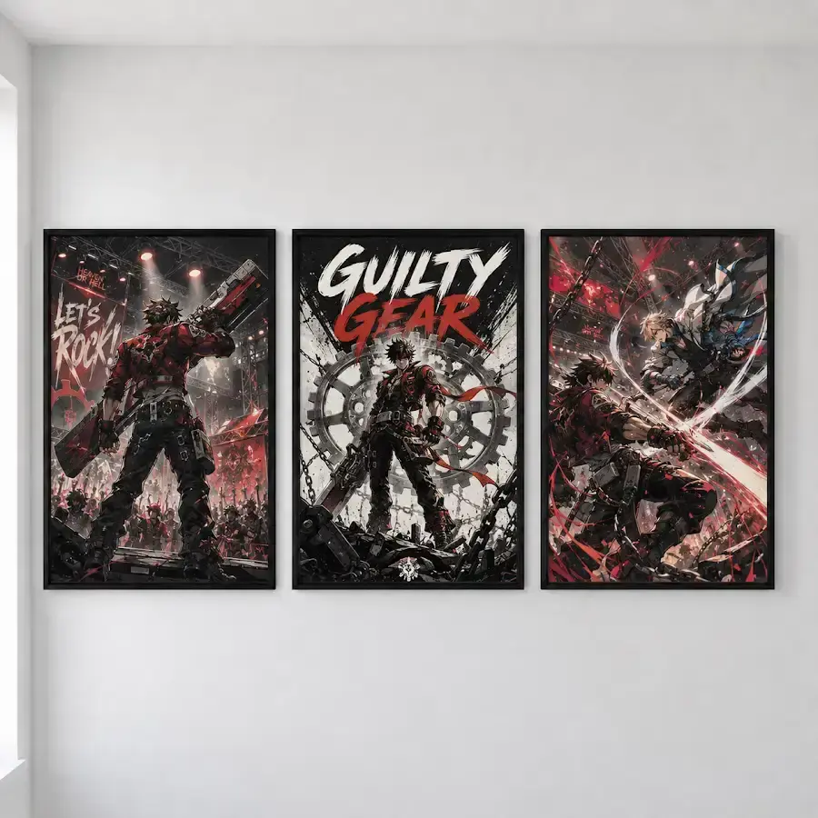 Guilty Gear Strive Fighting Game 3 Panel Wall Art, Anime Fighter Character Poster Prints for Gamer Room Decor