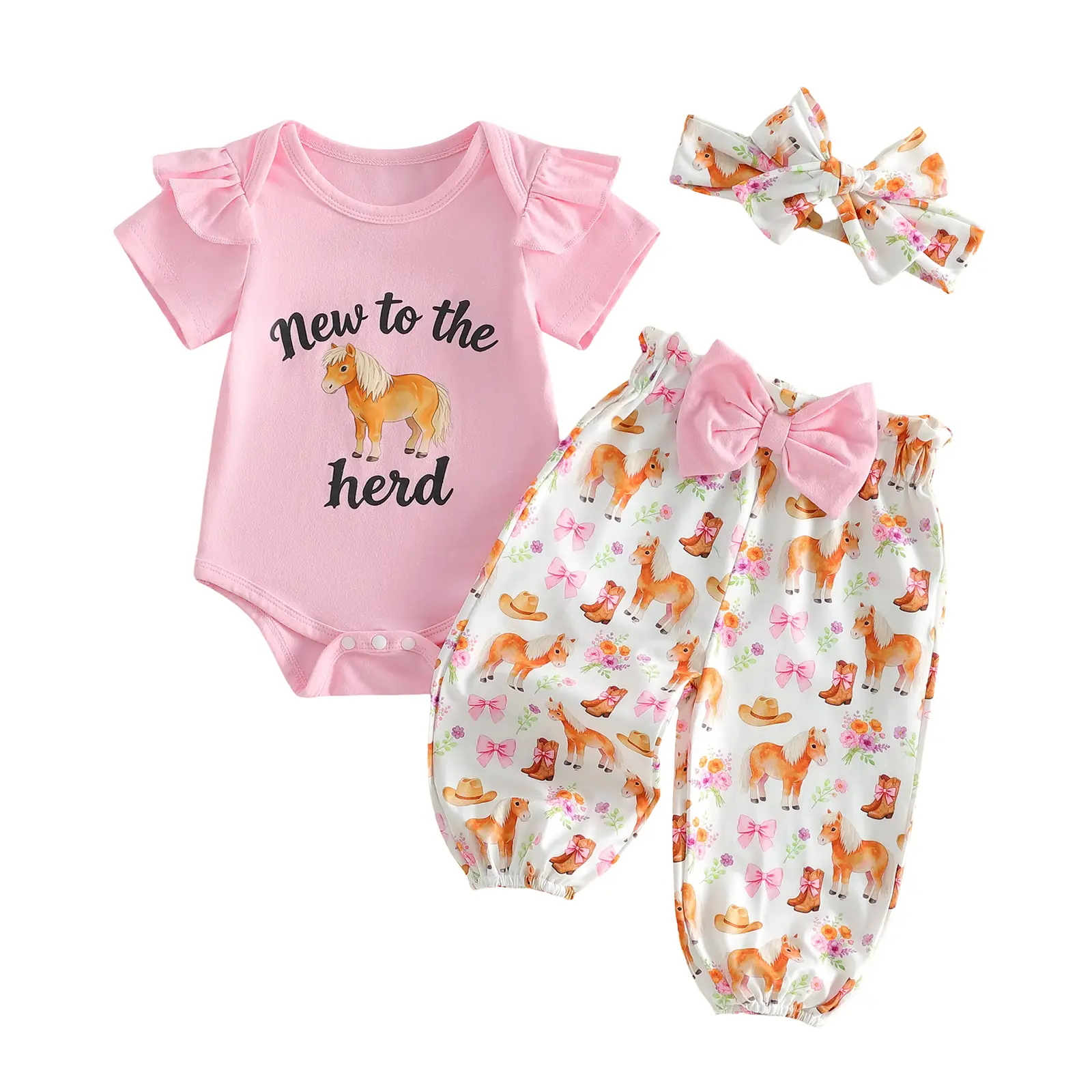 Baby Girl 3-Piece Lullaby Themed Summer Clothes Set, Cotton-Elastane Round Neck Short Sleeve Letter Horse Print Romper, Elastic Waist Pants, Headband (Fits 0-3 Months, 12-18 Months)