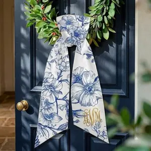 Monogrammed Wreath Sash, Blue and White Floral Toile, Personalized Floral Door Ribbon, Custom Wedding Gift, Grandmillennial Decor