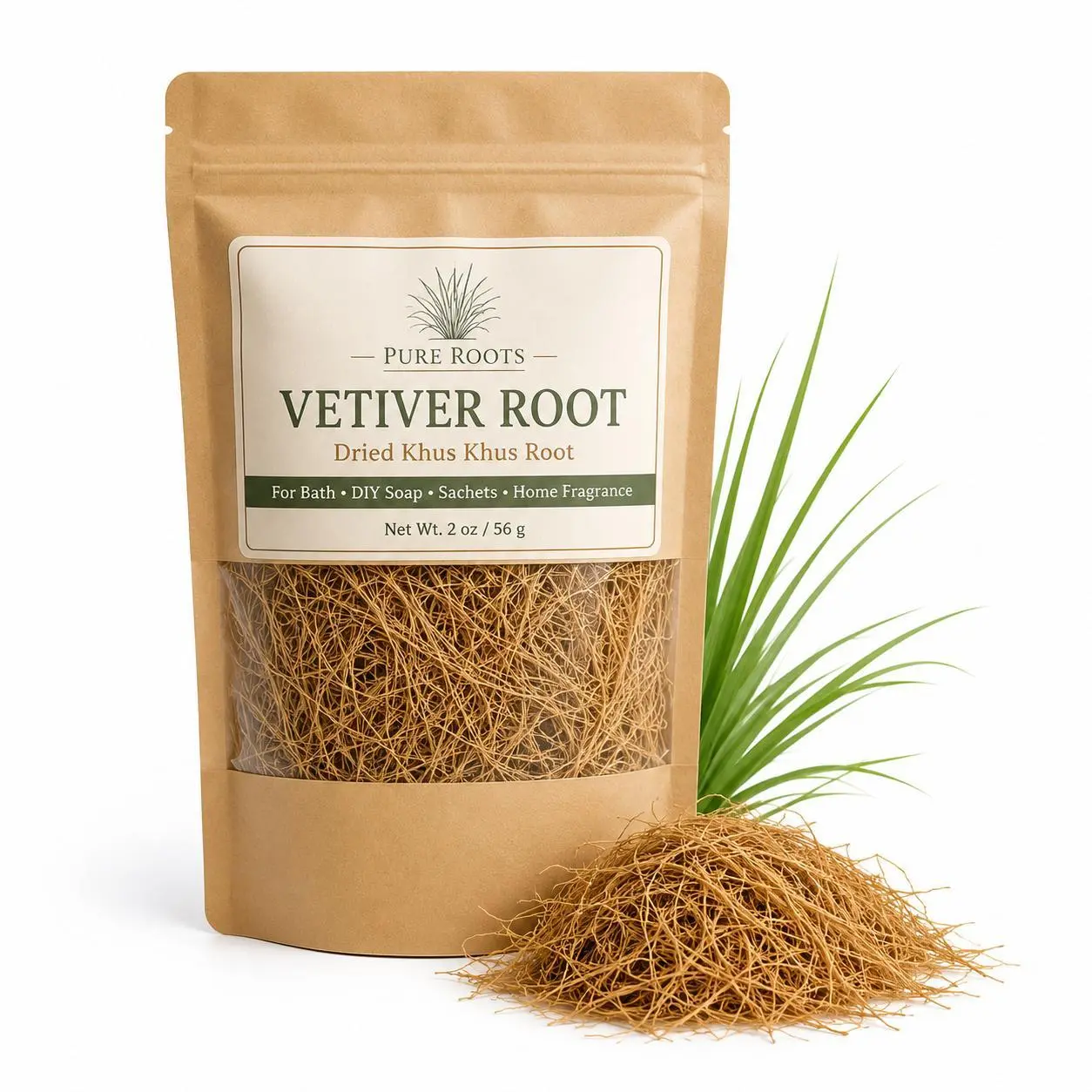 Dried Vetiver Root Khus Khus, Natural Aromatic Root for Bath Soaks, Soap Making, Sachets, Home Fragrance & DIY Craft Projects, 2 oz