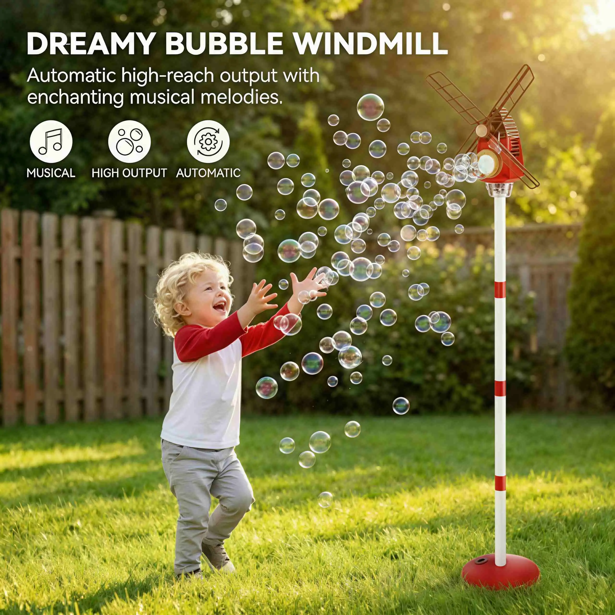 Unisex Colorful Automatic Bubble Blowing Windmill Machine for Kids 8-10 Years, Battery-Powered (AA Disposable Batteries), Enchanting Musical Melodies, LED Lights, Adjustable Height, Indoor-Outdoor Plastic ABS Toy, Music