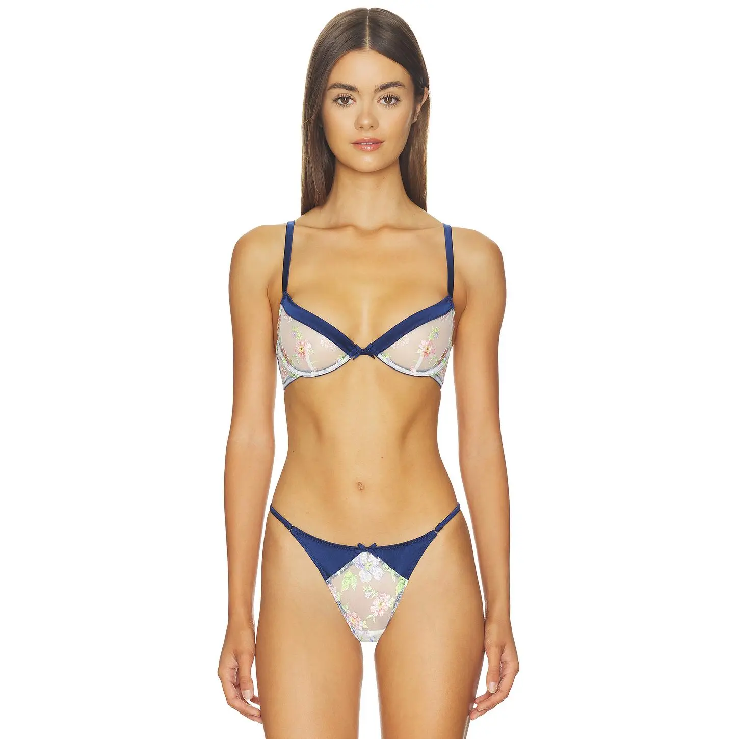 fleur du mal Delara Embroidered Demi Bra in Midnight Navy