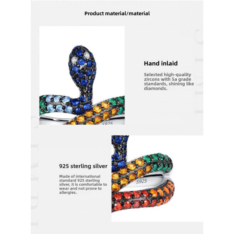 Colorful CZ Snake Ring S925 Sterling Silver Sweet Cool Style Women's Statement Jewelry Adjustable Size for Daily Wear Colorful CZ Snake Ring S925 Sterling Silver Sweet Cool Style Women's Statement Jewelry Adjustable Size for Daily Wear