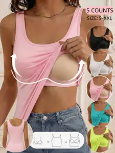 Women's 2-In-1 Bra Cup Tank Top,Soft Comfortable Plain Inner Layer, Wide Shoulder Straps Vest, Daily Wear,Stretch&Breathable Fabric ,All Seasons