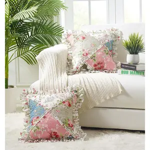 Brilliant Sunshine Peach and Olive Flowers Patchwork Ruffle Pillowshams, Quilted Decorative Pillow Covers Set, Square Throw Cushion Cases for Couch, Chair, Car, Bed, 18x18, Pack of 2, Peach Olive